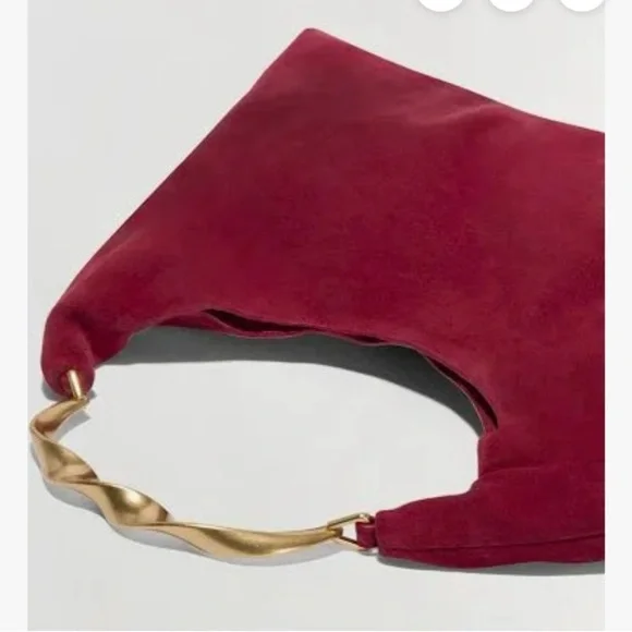 Red Suede Shoulder Bag with Sculpted Gold Handle - Picture 4 of 5